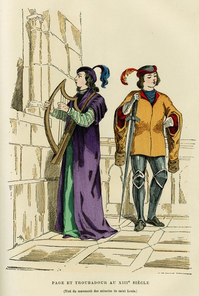 13世紀のページ衣装とトルバドゥール。オーギュスタン・シャラメル著「France et les francais à travers les centuries」（F.Roy編）に掲載された聖ルイ（ルイ9世 1214-1270）の奇跡の写本の図案をもとにしたカラー・エングレーヴィング。S 作： French School