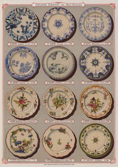 Grand Depot de Porcelaines, Faiences et Verreriesのカタログ（カラーリトグラフ）のページ。 作： French School