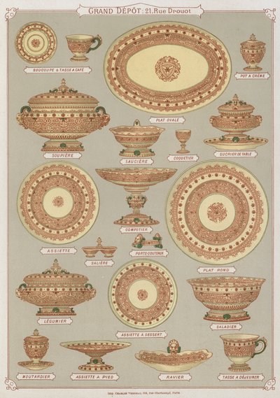 Grand Depot de Porcelaines, Faiences et Verreriesのカタログ（カラーリトグラフ）のページ。 作： French School