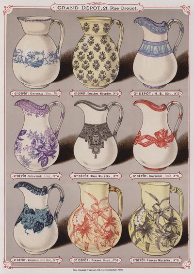 Grand Depot de Porcelaines, Faiences et Verreriesのカタログ（カラーリトグラフ）のページ。 作： French School