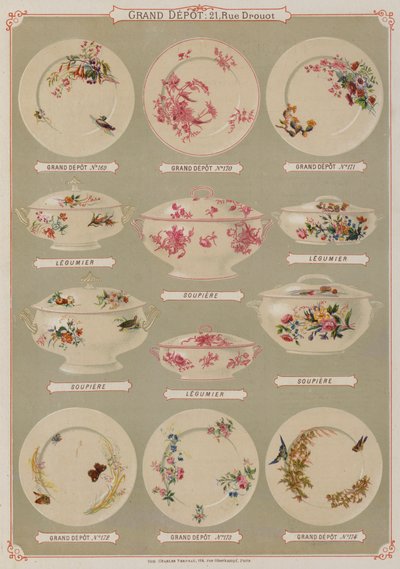 Grand Depot de Porcelaines, Faiences et Verreriesのカタログ（カラーリトグラフ）のページ。 作： French School