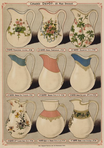 Grand Depot de Porcelaines, Faiences et Verreriesのカタログ（カラーリトグラフ）のページ。 作： French School