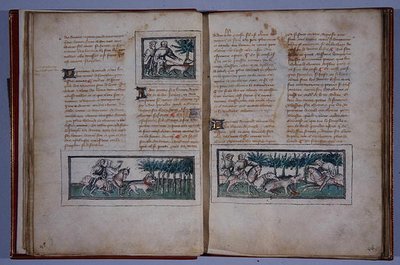 アンリドフェリエール作のLe Livre du Roy Modus et de la Royne Racioの57ページと58ページ、c.1420（ペンとインク、トイレット紙） 作： French School