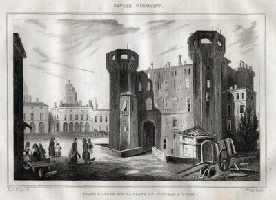 トリノのシャトー広場にあるアオスタの宮殿 - M. de Norvins, Ch. Nodier 1834-1836による「Italy Picturesque」-イタリアの歴史的・記述的絵画-からのエングレーヴィング。 作： French School