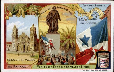 パナマ：大聖堂、コロンブス像、国旗（クロモ）。 作： French School