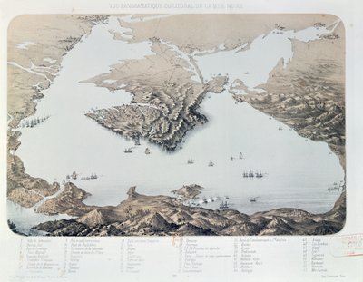 1855年のクリミア戦争時のセバストポールと黒海沿岸の全景と計画 作： French School