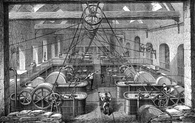 製紙業：紙パルプの精製と精白のための作業場。1867年 作： French School