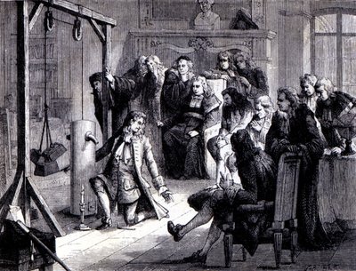 パパン（1647-1714）がマールブルグ大学の教授たちの前で粉体機の実験をしている様子。1896年の "Album of Science; illustrious scientists; Great discoveries "に掲載されている。 作： French School