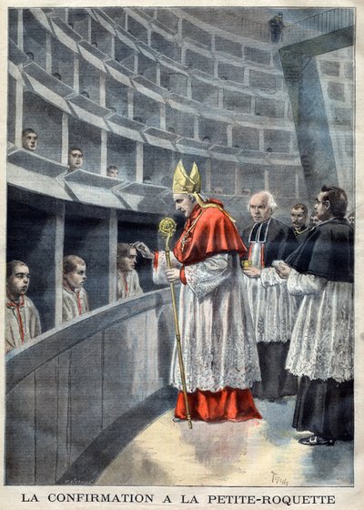 Paris - Prison de la Petite Roquette (prison de la Petite Roquette) - La confirmation a la Petite-Roquette - Mrg Richard, archbishop of Paris illustration by Meaulle, Fortune Louis (1844-1901) in "Le Petite Journal", november 1896- Religious confirmati. 作： French School