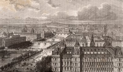 パリ、セーヌ川、レ・ポン - サン・ジェルヴェ塔からの眺め - V.-A. Malt-Brown著「La France illustree: Geography, history, statistical administration」に掲載されている彫刻 - 1884年 作： French School