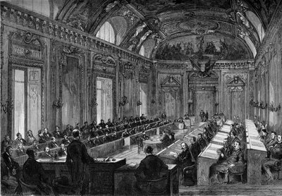 パリ、1871年8月4日：リュクサンブール宮殿の玉座の間で行われた市議会の第一回会合。1871年8月12日付「Le Monde Illustré」748号に掲載された図版。 作： French School