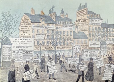 医薬品を中心に多くの広告が掲載されているパリのストリートシーン、1885年（カラー彫刻） 作： French School