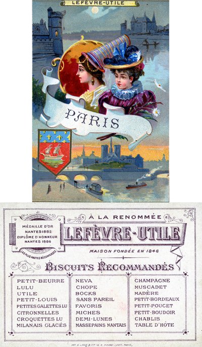 パリ、19世紀後半のLefèvre-Utile（LU）ビスケットのプロモーションカードの表と裏 作： French School