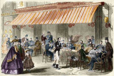 19世紀のパリ。1859年のイタリア人通り：夕方5時、カフェ「ヘルダー」の前で。 作： French School