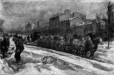 雪の下のパリ、1879年から1880年の冬：モンパルナス大通りのアイスプラウ（雪狩り）。1月3日付「Le Monde Illustré」1188号に掲載された図版 作： French School