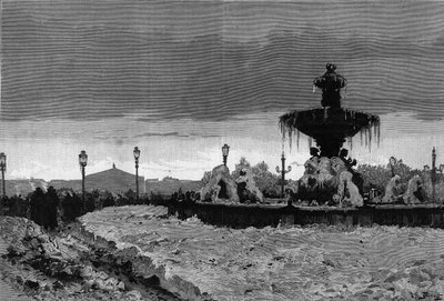 雪の下のパリ、1879年から1880年の冬：コンコルド広場の噴水の一つが霜に覆われている様子。1月3日付「The Illustrous World」1188号に掲載されたスコットによる版画。 作： French School