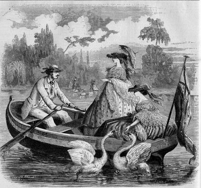1857年夏のパリのモード：湖でのボート遊び。1857年9月26日付「Le Monde Illustré」24号に掲載された版画。 作： French School