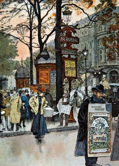 メトロのパレ・ロワイヤル駅付近のパリの街並み、1900年頃（カラーリトグラフ） 作： French School
