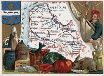 パ・ド・カレー（62）、ノール・パ・ド・カレー（Nord-Pas-De-Calais）、フランス。地元の特産品：黒い石鹸、汚い魚、サイダー、タバコ。フランスの各県のシリーズ。クロモリ（Chromo）「地理的な糸」、1920年頃。個人蔵。 作： French School