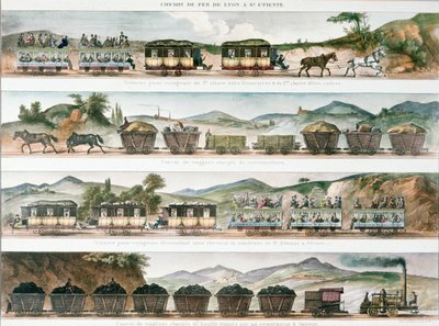 1829年にリヨンとサンエティエンヌの間に開通した最初のフレンチラインの乗客と貨物（カラーリソ） 作： French School