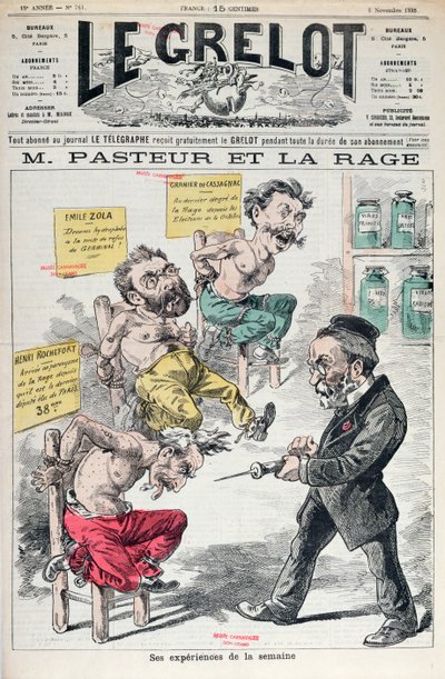 1885年11月8日、ル・グレロのルイ・パスツール（1822-95）の実験の似顔絵、パスツールと狂犬病 作： French School