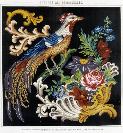 クロスステッチ刺繍のパターン（極楽鳥） - "Journal des Demoiselles" 1852年に掲載。 作： French School