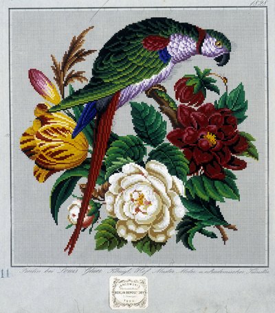 クロスステッチ刺繍のパターン（オウム） - "Journal des Demoiselles" 1852年に掲載。 作： French School