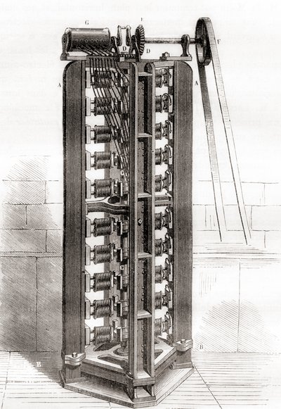 ポール・ギュスターヴ・フロマンの縦型電気モーター（1844年頃）、1870年頃に出版された「Les Merveilles de la Science」より（彫刻作品 作： French School
