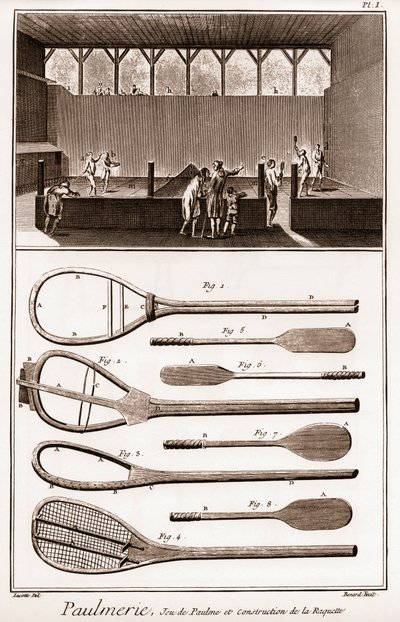 Paulmerie - Jeu de Paume et construction de la racket - Jeu de Paume court and various stages in construction of racquets (paddle-bats or battoirs) - "La Grande Encyclopedie, ou Dictionnaire Raisonne des Sciences, des Arts et des Metiers" (Encyclopedie) 作： French School
