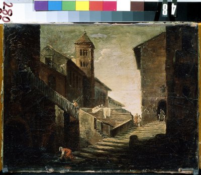「フランスの村の風景」人気地区の橋と川。 フランスの学校の絵画. 18世紀初頭ミハイル・クロシツキー美術館、セヴァストポリ（セヴァストポリ）ウクライナ 作： French School
