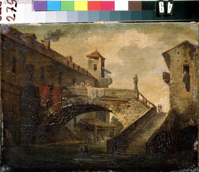「フランスの村の風景」人気地区の橋と川。 フランスの学校の絵画. 18世紀初頭ミハイル・クロシツキー美術館、セヴァストポリ（セヴァストポリ）ウクライナ 作： French School