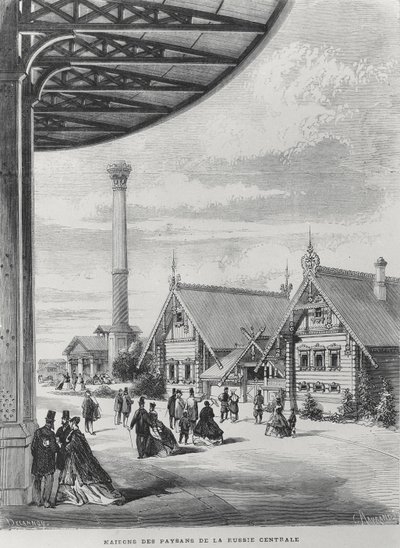 1867年の万国博覧会のロシア館の農民の家（リトグラフ 作： French School