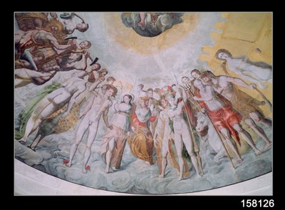 チャーチ9世をヤヌスとして中央に置いたメディチの裁判所の人々、彼の右側には戦争のための武器を偽造したカトリック教徒、彼の左側にはプロテスタント、またキャサリンデメディチのジュノとダイアン 作： French School