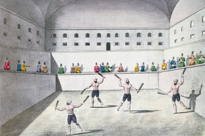 体育館で運動するペルシャの選手、1820年頃（カラー彫刻） 作： French School