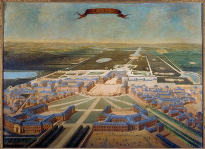 ルイ14世の時代末期、1710年から1715年頃のヴェルサイユ宮殿の厩舎と庭園の透視図。フランス派の絵画 作： French School