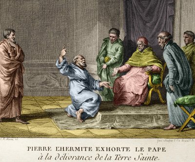 1093年、教皇ウルバン2世に聖地の解放を説く隠者ペテロ（第1回十字軍を説く隠者ペテロ）-18世紀後半、『フランス史人物図鑑』のエングレーヴィング 作： French School