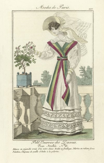 メスリー通り25番地の女性たちのプチ・クーリエ、『モード・ド・パリ』より。1824年（彩色済みエングレービング 作： French School