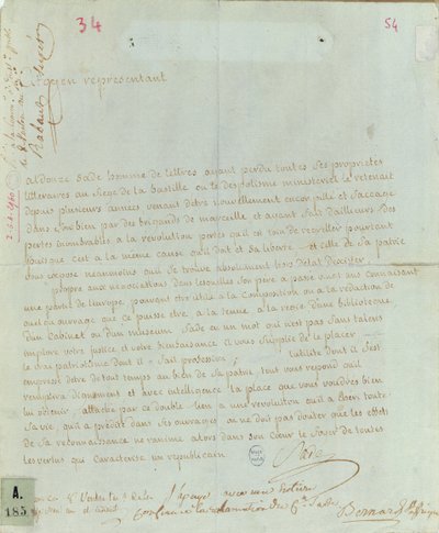 Aldonze Sadeによる雇用の請願、1794-95（紙にペンとインク） 作： French School