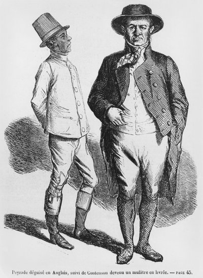 ペイラデはイギリス人、コンテンソンはムラートの召使いに扮し、1867年に発表されたオノレドバルザックによるスプレンドゥールとミゼレスデコートザヌスのイラスト 作： French School