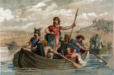 ファラモンドはフラン族の戦士とともにライン川を渡り、420年から428年にかけてサリア・フラン族の初代公爵となった。1890年頃のクロモリトグラフ。 作： French School