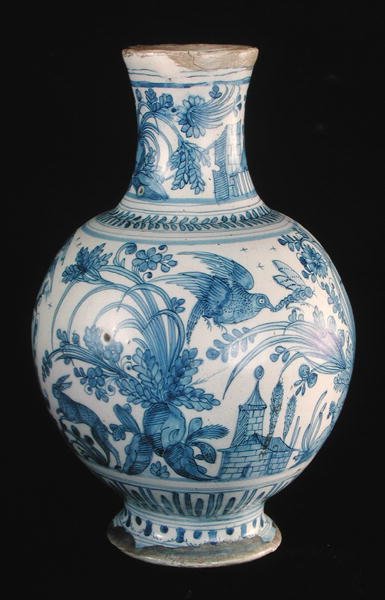 青と白のパターンの薬局瓶、Savonne Workshop（faience） 作： French School