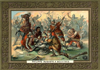 1214年のブービンズでのフィリップ・オーギュスト。19世紀のクロモリトグラフ Coll.ビアンケッティ 作： French School