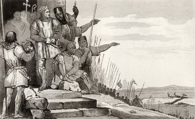 フィリップIIオーギュスト（1165-1223）は、1840年頃に出版されたコラートの「フランスの歴史」からの祈りの後、ブーヴィーヌの戦いで勝利しました。 作： French School