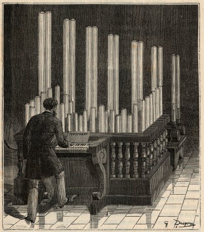 Piano a Gaz - (ガスオルガン) Pyrophone (fire-explosion organ) (fire-explosion calliope) Alexis Clercによる「すべての人の門前にもたらされた科学 - Popular physics and chemistry」のエングレーヴィング - 19世紀末 - 個人蔵 作： French School