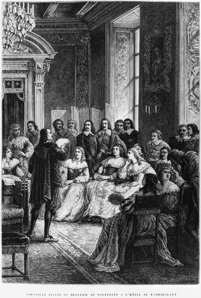 ホテルドゥランブイエでポリユークを読むピエールコルネイユ（1606-84）、1880年頃 作： French School
