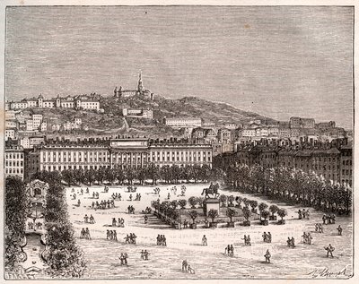 ベルクール広場またはルイ・ル・グラン広場（リヨンの最も大きな広場） - V.-A. Malt-Brown著「La France illustree: geography, history, statistical administration」に掲載された彫刻。V.-A. Malt-Brown著「La France illustree: geography, history, statistical administration」の版画。1884 作： French School