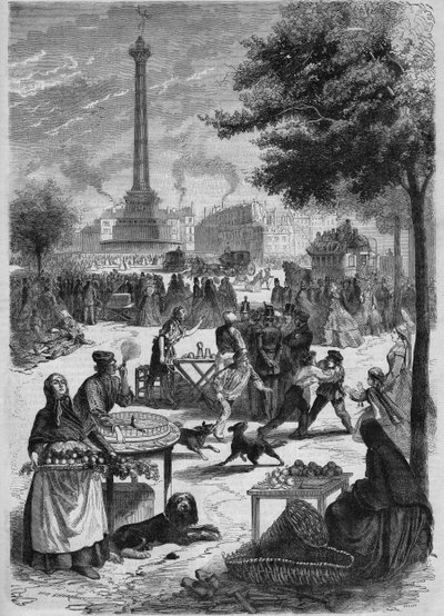 9月の日曜日のバスティーユ広場。1865年にピニャールが描いたスケッチをもとにしたエングレーヴィング。 作： French School