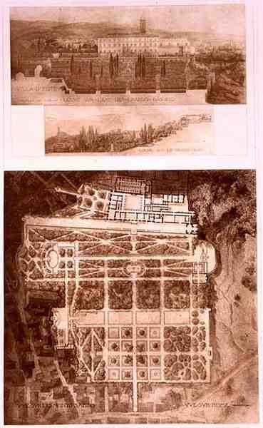 ジュール・アドルフ・ショーヴェ（b.1828）が彫った「中世およびルネッサンス期の建築の断片」より、イタリア・チボリのヴィラ・デステの平面図と眺望（リトグラフ版 作： French School