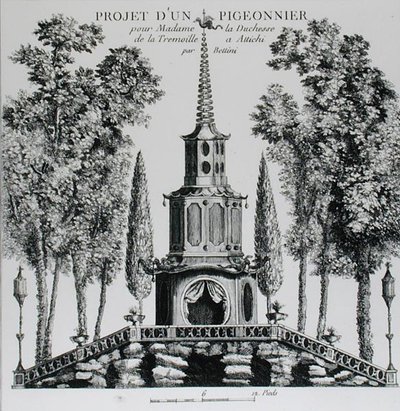 ジョージ・ルイ・ルルージュ著「新時代の庭の詳細」より、鳩小屋の設計図（1775-78年頃に出版されたエングレービング）（モノクロ写真） 作： French School
