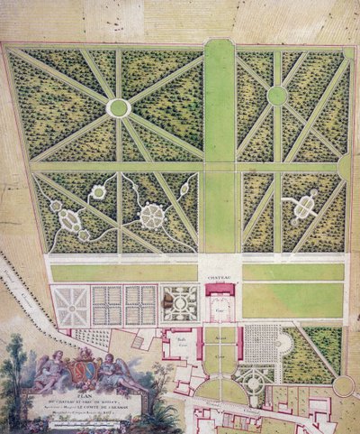 コントデカラマンに属するロワシーのシャトーと公園の計画（紙にペンとインクとトイレ） 作： French School